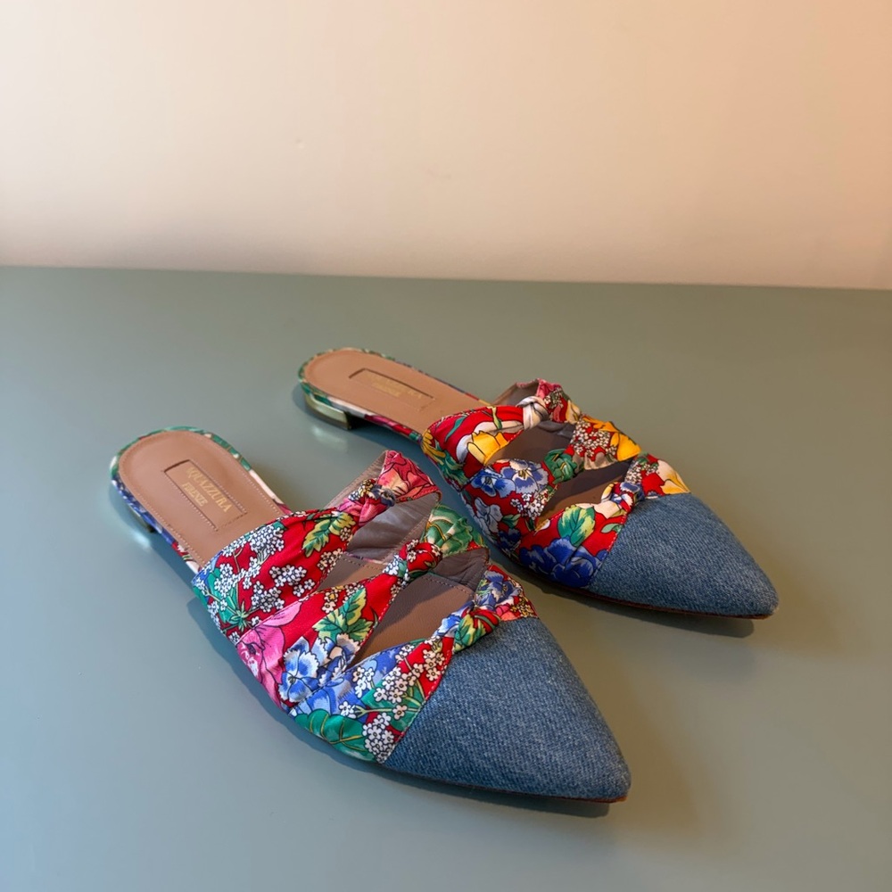 Aquazzura Firenze Denim Floral Pointed Toe Mule Flats Size 37.5